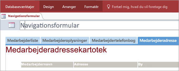 Skærmbillede af navigationsformular