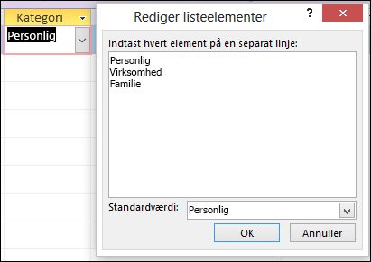 Dialogboksen Rediger listeelementer i en Access-formular