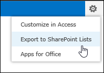 Kommandoen Eksportér til SharePoint-lister i tandhjulsmenuen Indstillinger