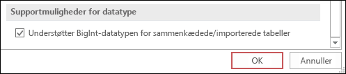 Skærmbillede af indstillingen understøttelse af bigint-typen for sammenkædede/importerede tabeller, der er valgt i Access-indstillingerne.