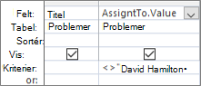 Forespørgselsdesigngitter med . Værdiformat for opslagsfelt