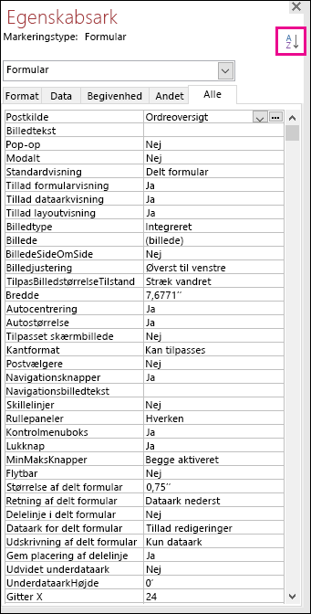 Skærmbillede af Access-egenskabsark uden sortering af egenskaber