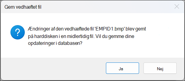 Feltet Gem bekræftelsesmeddelelse for vedhæftede filer med knapperne Ja og Nej.