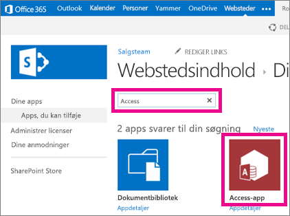 Søge efter en Access-app fra siden Tilføj en app i SharePoint