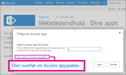 Overførsel af en Access-app-pakke til siden Tilføj en app på et SharePoint-websted