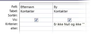 Forespørgselsdesigner med kriterier, hvor feltet By hverken er angivet til null eller er tomt.
