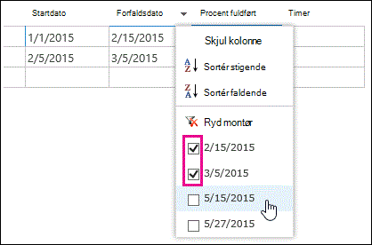 Filtrer rulleliste i et dataark med flere værdier markeret.