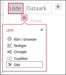 Menuen Indstillinger, der viser Åbn i browser, Rediger, Omdøb, Kopiér og Slet