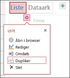 Menuen Indstillinger, der viser Åbn i browser, Rediger, Omdøb, Kopiér og Slet