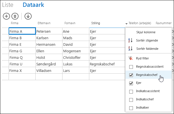 Filterindstillinger for stillingskolonne i dataark