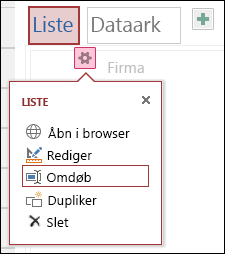 Menuen Indstillinger, der viser Åbn i browser, Rediger, Omdøb, Kopiér og Slet