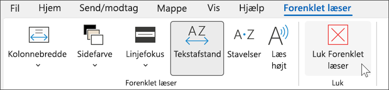 Skærmbillede, der viser værktøjet Forenklet læser i Outlook med markøren svævende tæt på.