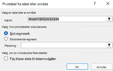 Dialogboksen Opret pivottabel i Excel til Windows, der viser det markerede celleområde og standardindstillingerne.