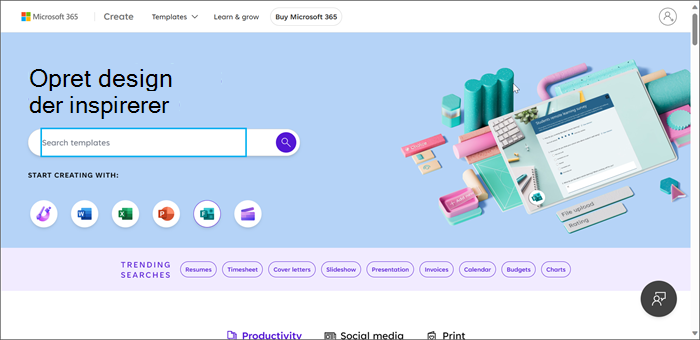 Microsoft Opret startside med fokus på søgevinduet.