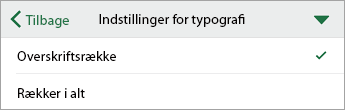 Kommandoen Indstillinger for typografi, med kolonneoverskrift markeret