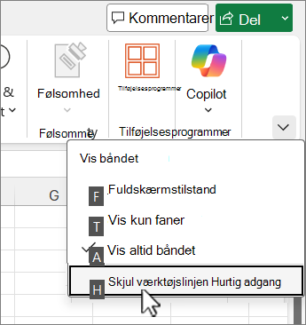 Tastaturkommando til at skjule værktøjslinjen Hurtig adgang