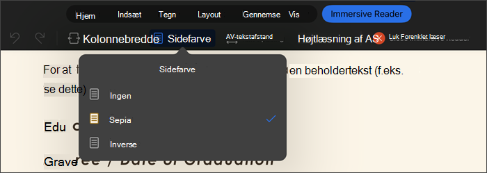 skærmbillede af Forenklet læser med sidefarve valgt, indstillinger er ingen, sepia, invers