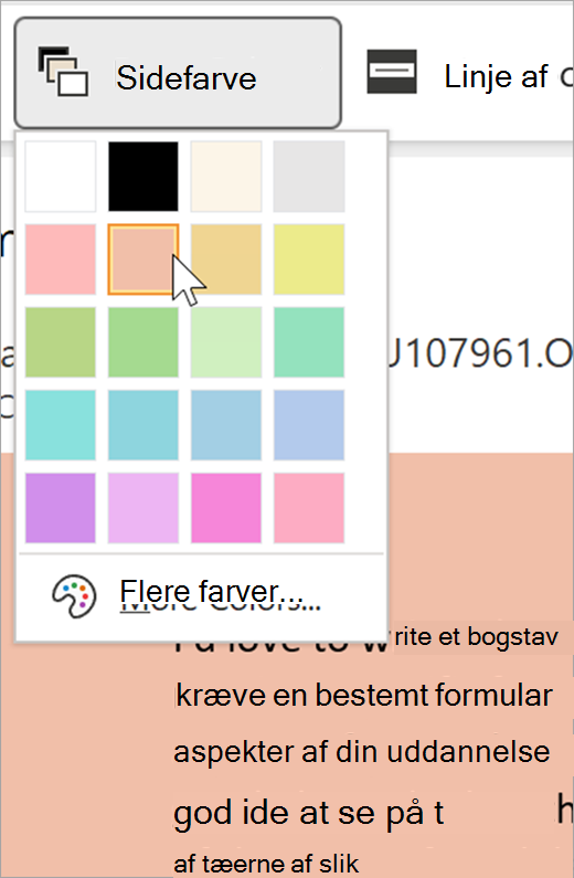 skærmbillede af rullemenuen sidefarve til forenklet læser. Der vises en farvepalet, og baggrunden bag rullelisten er pastel orange