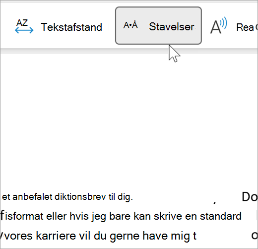 Skærmbillede af funktionen Stavelse i Forenklet læser markeret og viser et par ord i en mail, der er adskilt i stavelser. ordet anbefaling vises som an prik om prik men prik fa prik ling prik