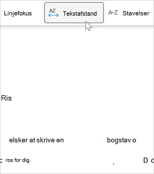 Skærmbillede af indstillingen tekstafstand for forenklet læser. Der er en større afstand mellem bogstaver og mellem ord