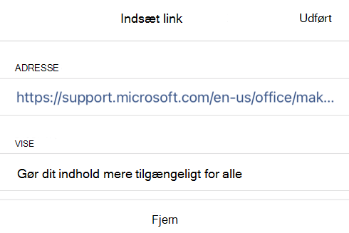 Dialogboksen Indsæt link i OneNote til iOS, der viser linkteksten Gør dit indhold tilgængeligt for alle og linkets URL-adresse.