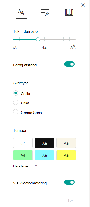 Tekstindstillinger i Forenklet læser.