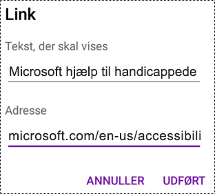 Tilføj dialogboksen link i OneNote til Android