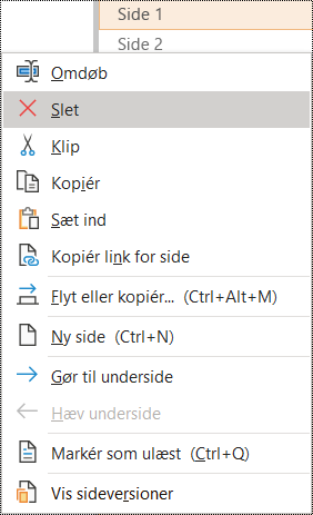 Dialogboksen Slet en side i OneNote til Windows