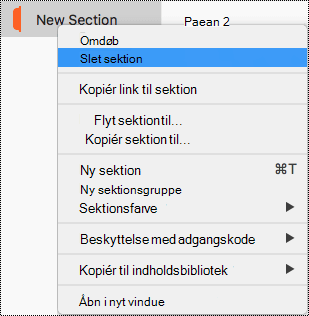 Sektionen genvejsmenu på Mac med Slet sektionen fremhævet.