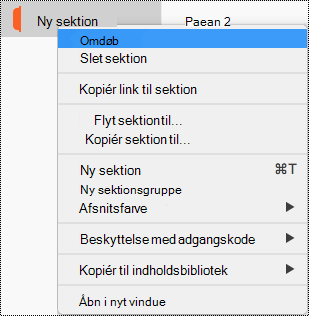 Sektionen genvejsmenuen med sektionen Omdøb fremhævet.
