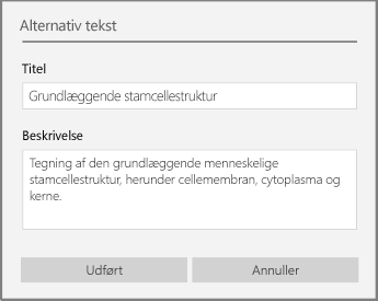 Dialogboksen Alternativ tekst til tilføjelse af alternativ tekst i OneNote til Windows 10.