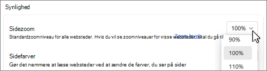 Skærmbillede af rullemenuen Sidezoomniveauer.