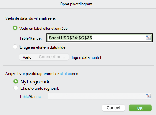 Dialogboksen Opret pivotdiagram på Mac.