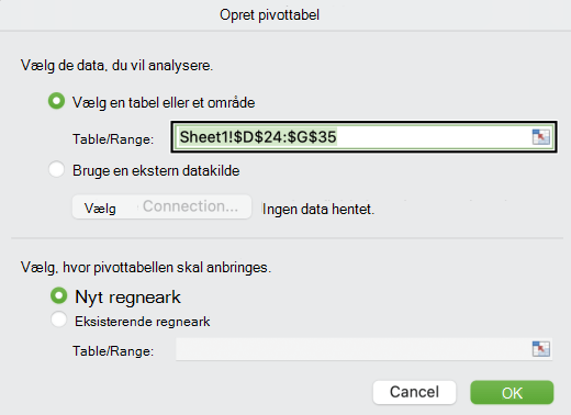 Dialogboksen Opret en pivottabel i Mac.