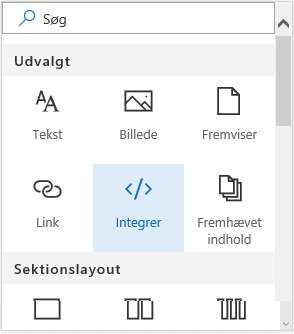 Skærmbillede af menuen Integrer indhold i SharePoint.