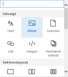 Skærmbillede af valg af webdel til billede i SharePoint.