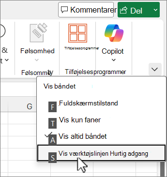 Tastaturkommando til at vise værktøjslinjen Hurtig adgang
