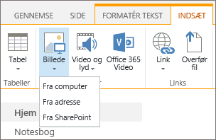 Skærmbillede af båndet i SharePoint Online. Vælg fanen Indsæt, og vælg derefter Billede for at vælge at overføre en fil fra din computer, en webadresse eller SharePoint-placering.