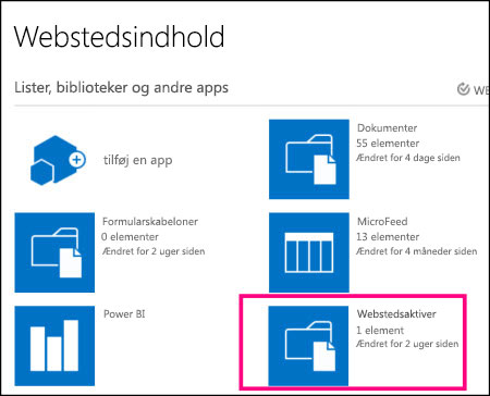 Siden Webstedsindhold på et enkelt websted i SharePoint Online med fremhævning af flisen Webstedsaktiver