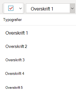 Menuen Typografier, der viser forskellige overskriftstypografier i OneNote til Windows 10.
