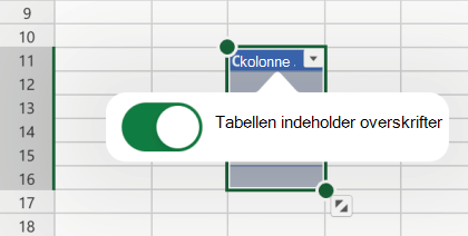 Tabellen har valgt overskrifter i Excel til iOS