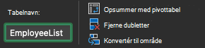 Feltet Tabelnavn i Excel til Mac
