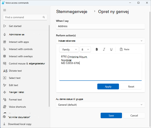 Opret en ny genvejsside med en eksempeladresse udfyldt i redigeringsfeltet Indsæt tekst og medier. Det er et eksempel på at bevare Adresse som en shorctcuty.