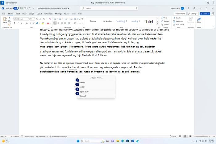 Et word-dokument, der viser korrektionsvinduet med kandidater til tekstkornet.