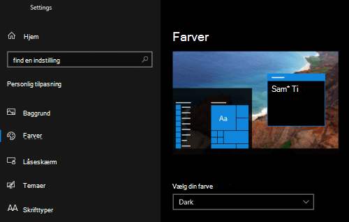 Den mørke Windows-tilstand, der er valgt i indstillingerne for tilpasning på en pc.