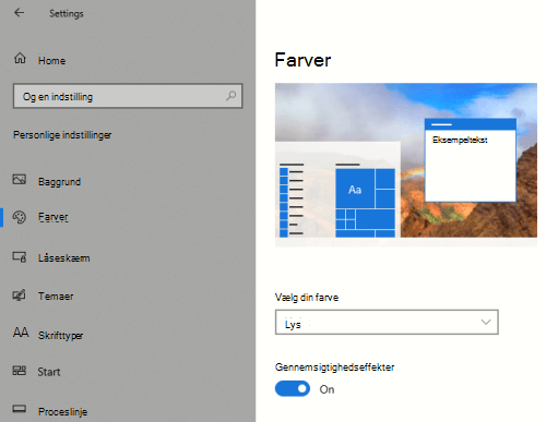 Windows-indstillingen for gennemsigtighed i indstillingerne for tilpasning.