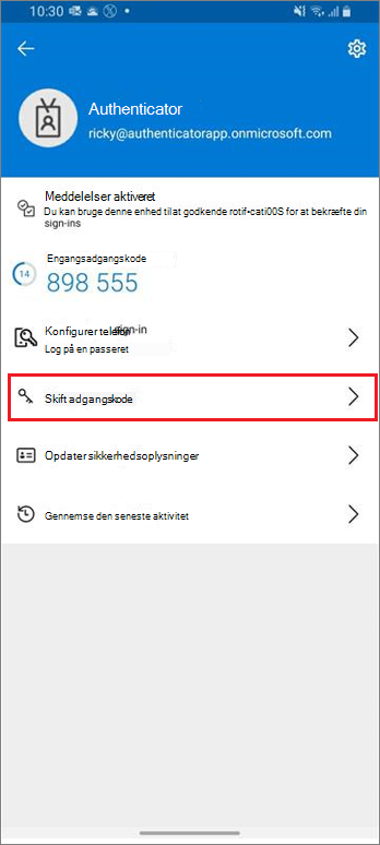 Startside for arbejds- eller skolekonto, der viser fremhævet link til Skift adgangskode