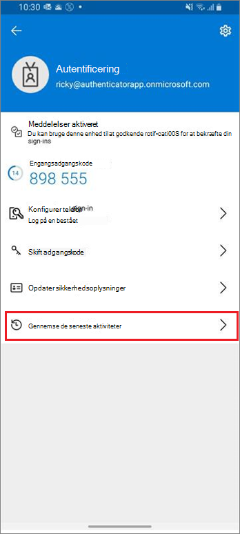 Startside for arbejds- eller skolekonto, der viser et fremhævet link til seneste logonaktivitet