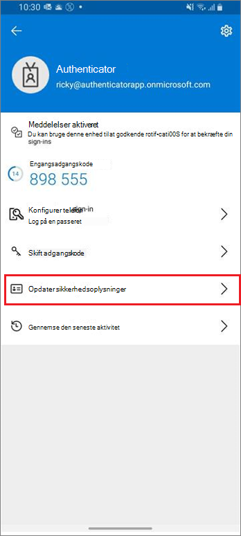 Startside for arbejds- eller skolekonto, der viser fremhævet link til opdatering af sikkerhedsoplysninger