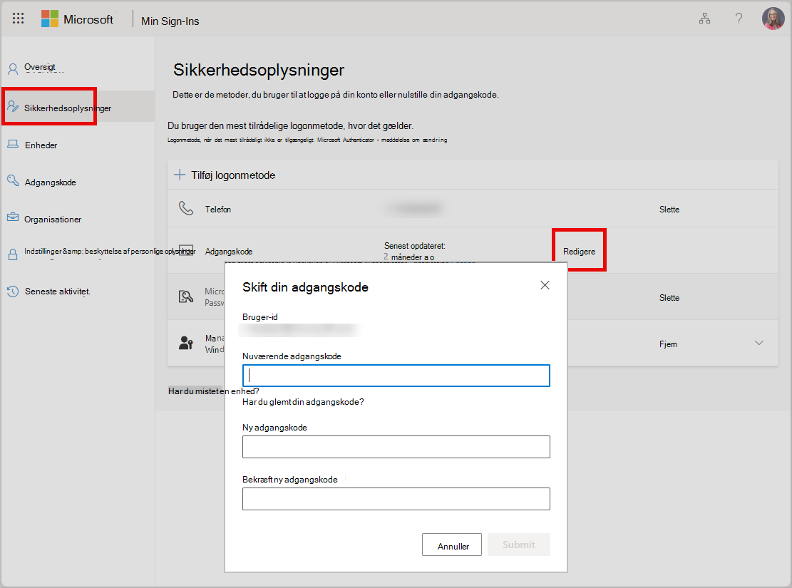 Siden Skift adgangskode, der viser adgangskodefelter
